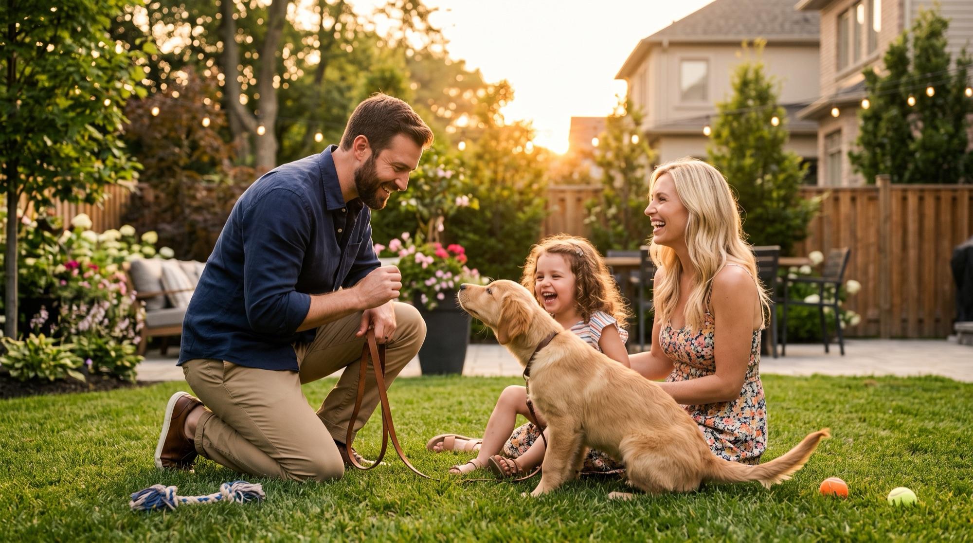 Happy family playing with their golden retriever puppy outdoors